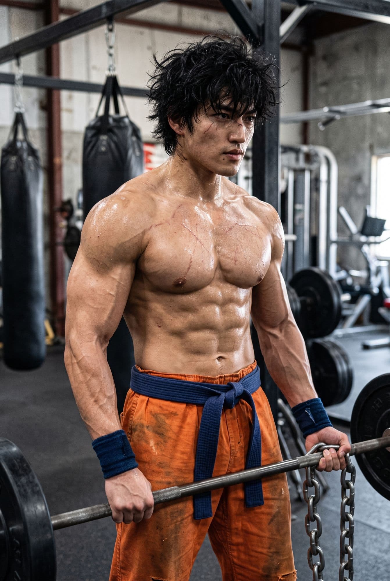 Kuroha at the gym, barbell and chains in hand