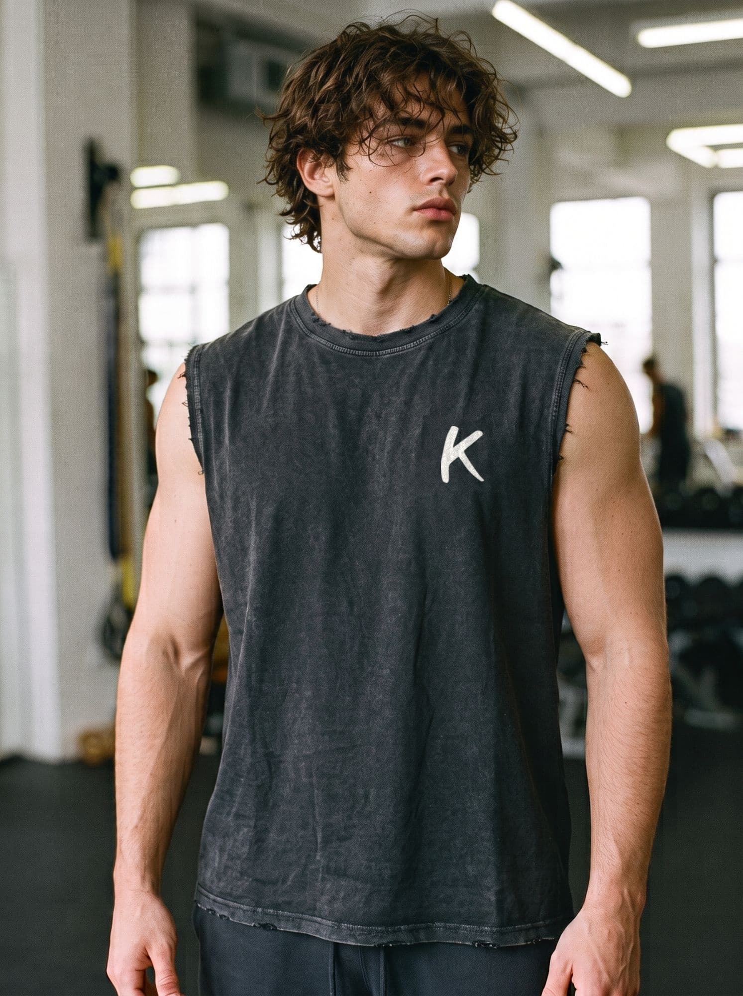 Washed black tank top worn, a white painted K on the chest